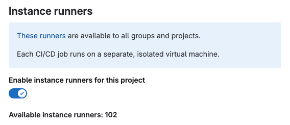 A project's runner settings shows a message about instance runner guidelines.