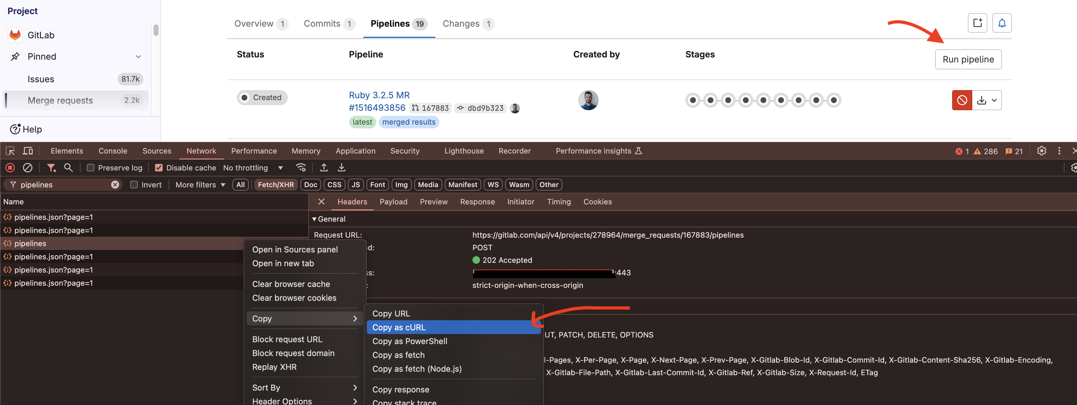 Performance copy as curl