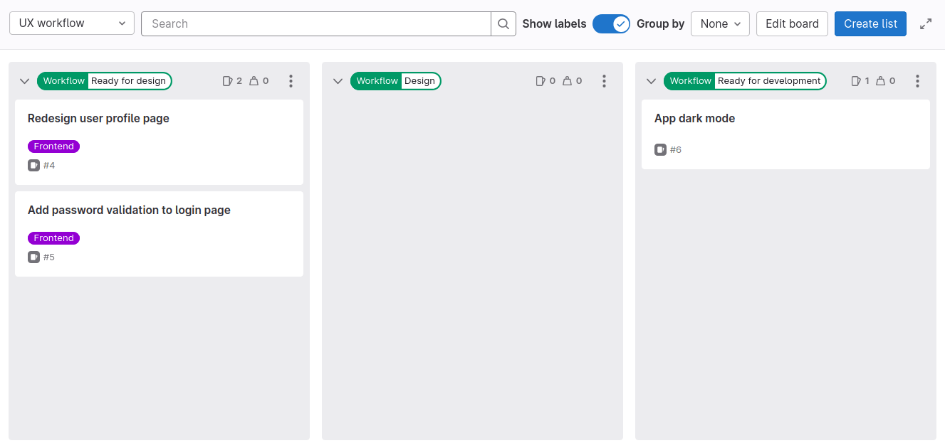 Issue board called "UX workflow" with three columns and three issues